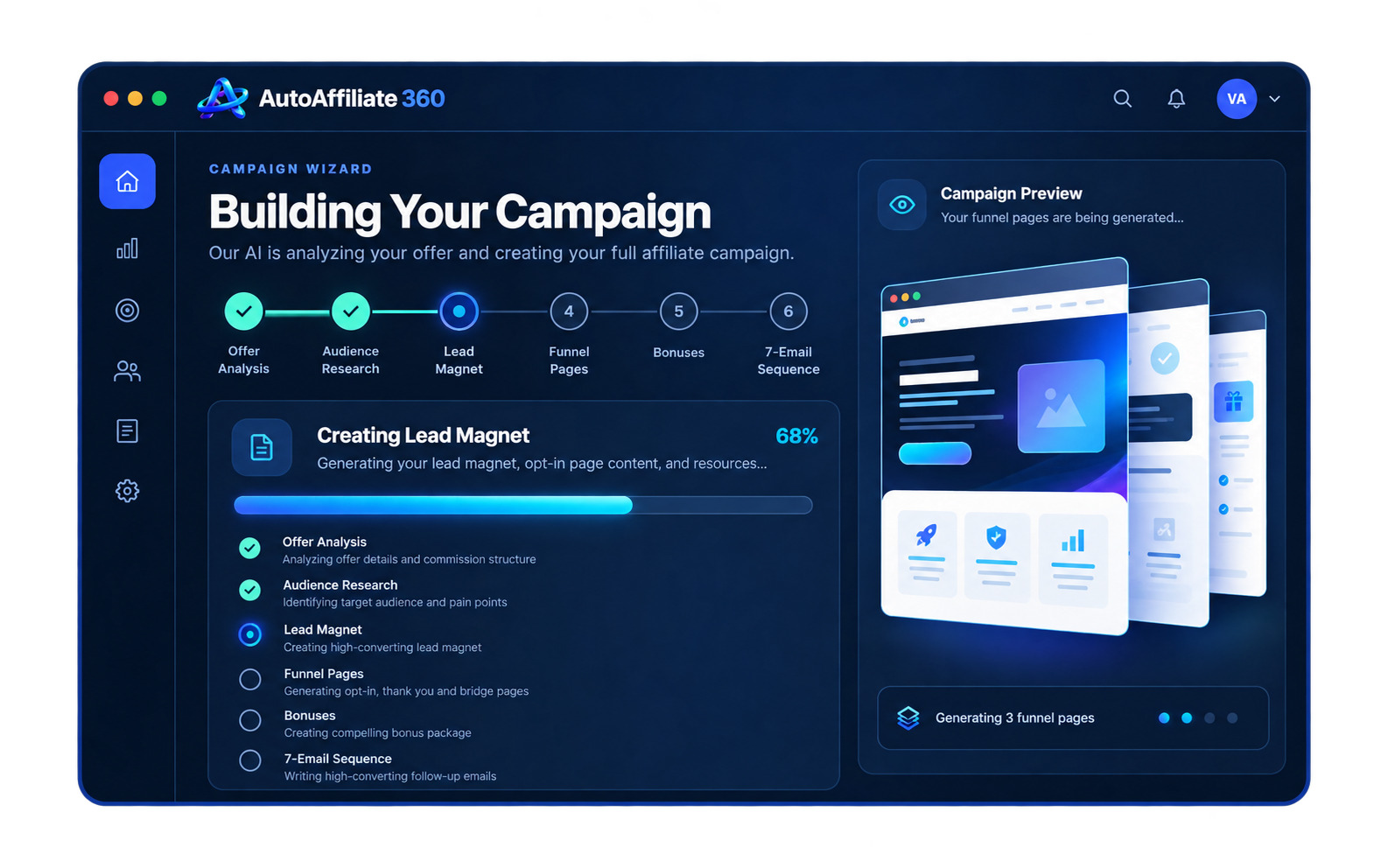 AutoAffiliate360 campaign wizard showing generation progress and funnel page previews