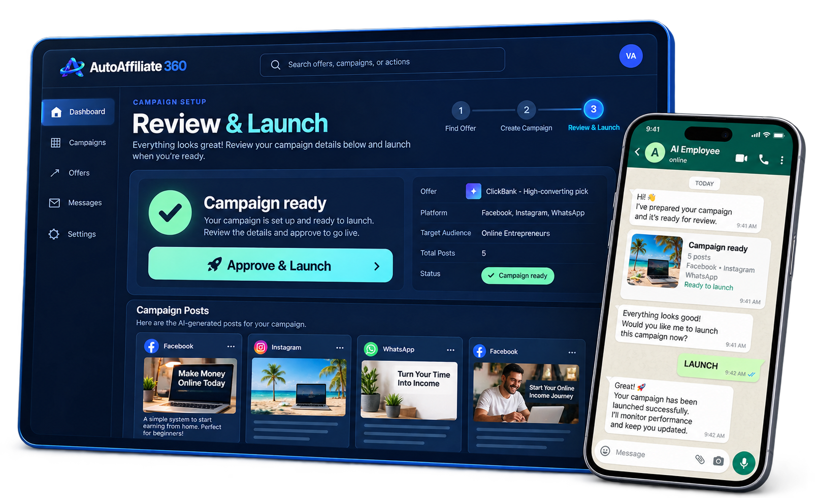 AutoAffiliate360 Review and Launch dashboard beside an AI Employee WhatsApp approval chat